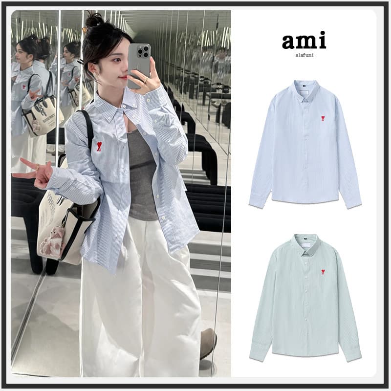 AMI Long-Sleeve Shirt 2025 Spring/Summer Embroidered Small Heart Wedding Photo Long-Sleeve Top for Men and Women with Stand Collar Cardigan