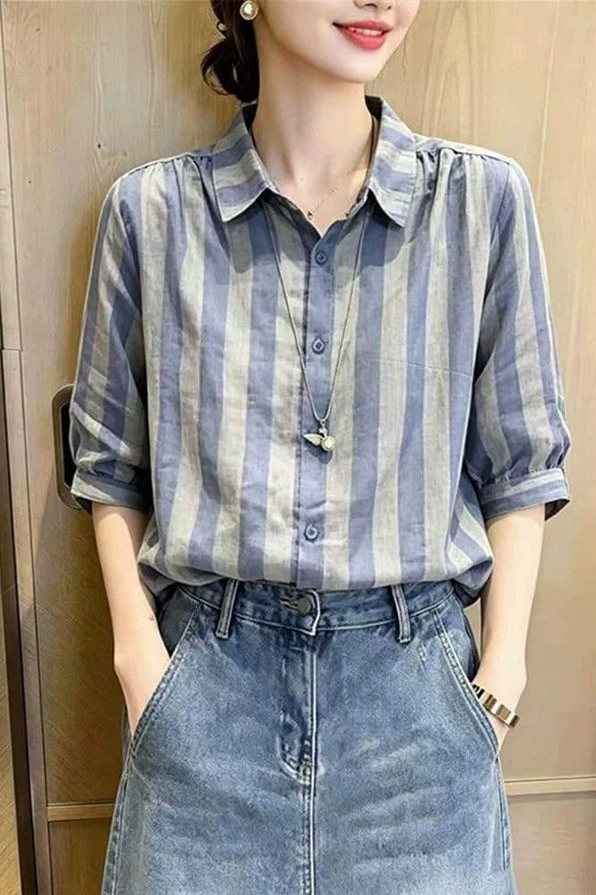 Striped lapel shirt women's mid-sleeve summer 2026 new style high-end western style age-reducing loose slimming shirt top