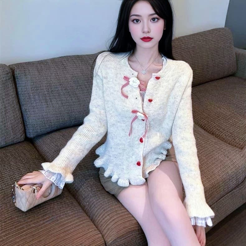 New Autumn Winter Coat Women's Cute Korean Sweet Style Soft Heart Button Ruffle Long Sleeve Knitwear