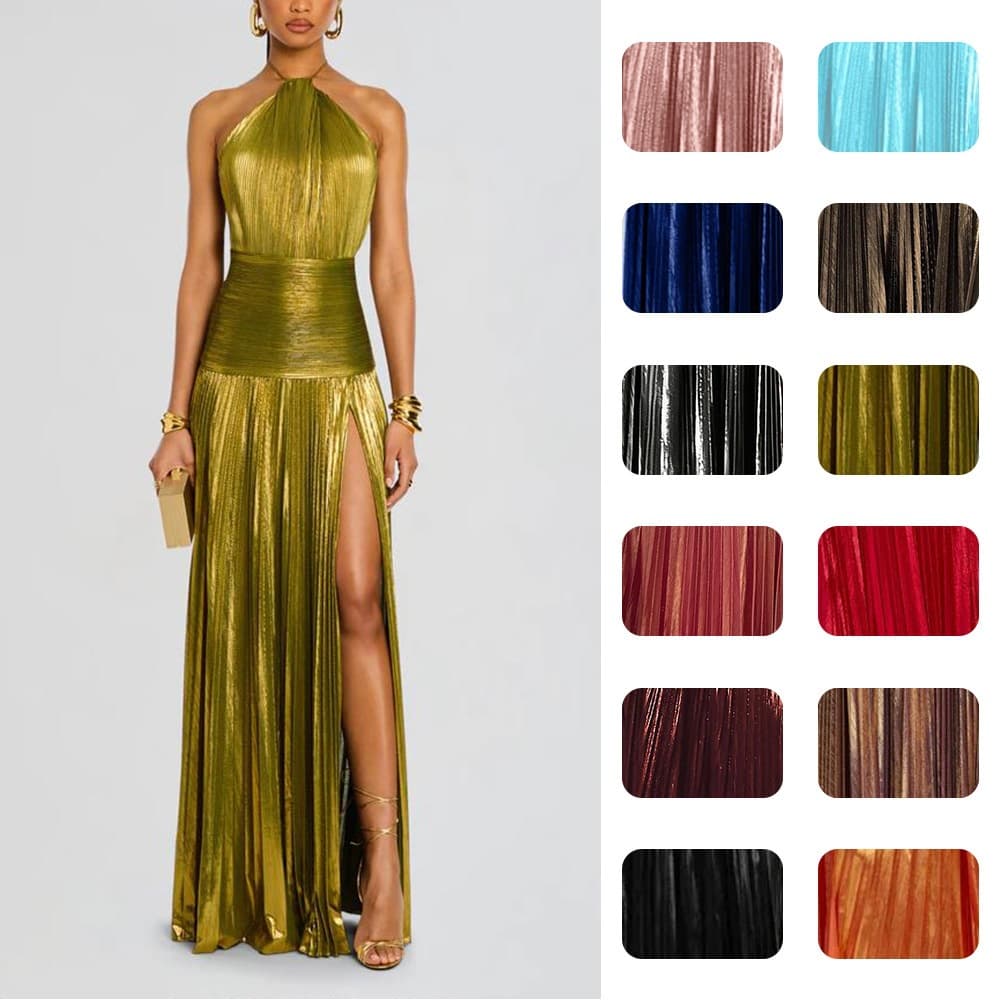 Amazon Independent Station 2026 European and American clothing metallic pleated slit tie halterneck dress sleeveless and backless