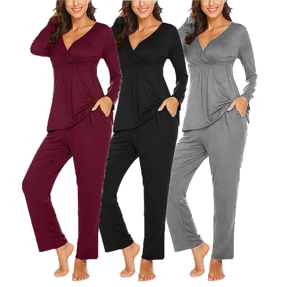 Factory direct sales in stock! Amazon AliExpress eBay cross-border long-sleeved trousers breastfeeding solid color V-neck maternity suit