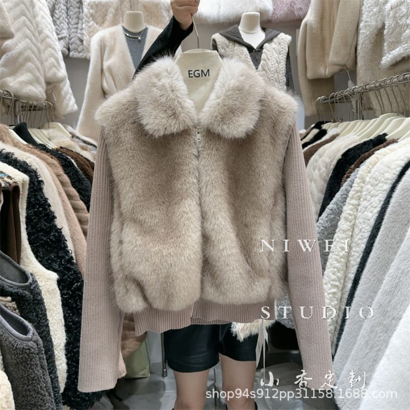 2025 New Women's Coat with Detachable Knitted Sleeves, Autumn/Winter Style, Fashionable European Mink Fur and Leather Integrated