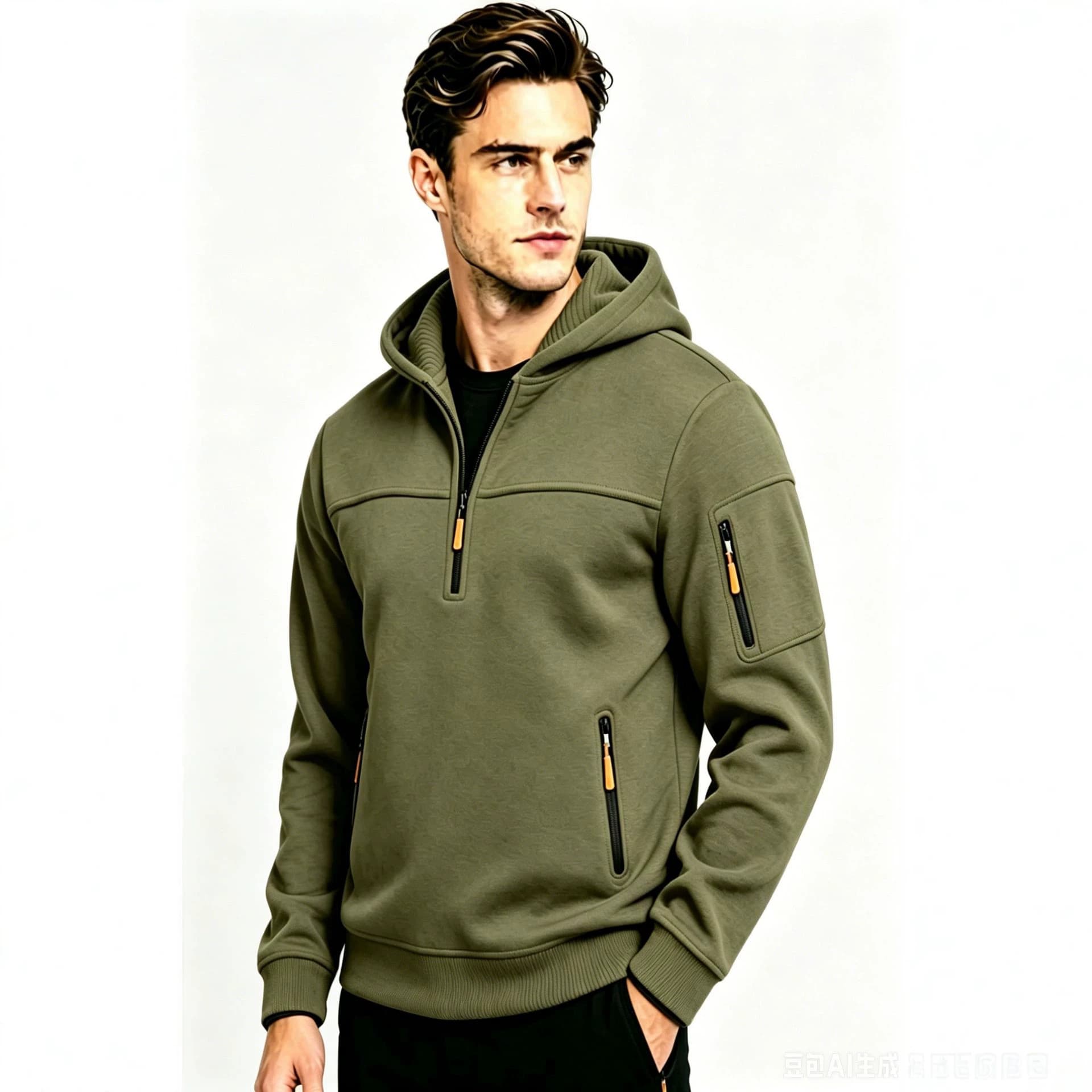 Cross-Border Fall/Winter Men's Hoodie Half-Zip Multi-Pocket Pullover Men's Drawstring Hoodie European Size