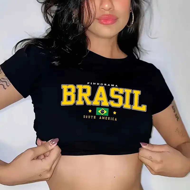 Summer Cross-Border Y2K American Sexy Style Brazilian Letter Print Pattern Slim Sexy Navel-Baring Short-Sleeved Women's T-Shirt