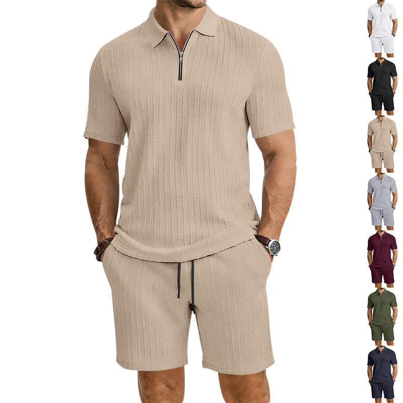 Cross-border Men's Summer Short Sleeve Knitted Casual Turn-down Collar Textured Jacquard Polo Shirt and Shorts Set