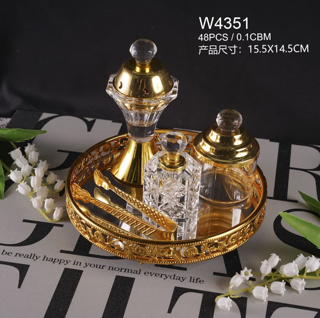 New Arabian Style Incense Burner Crystal Aromatherapy Furnace Ornaments Golden Square Tray Set Living Room