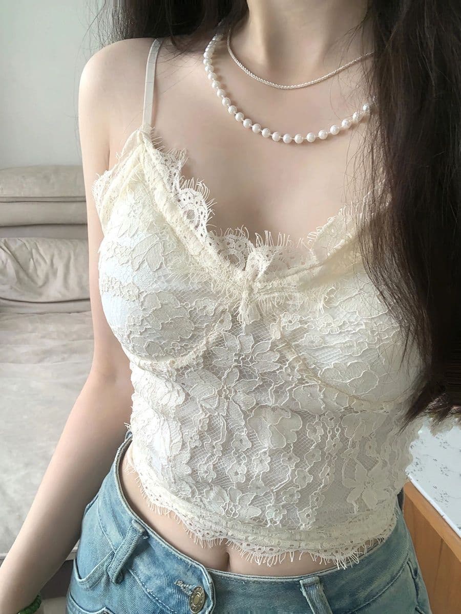 Women's Spring Pure and Sexy Lace Trim Camisole Short Top with Padded Bra
