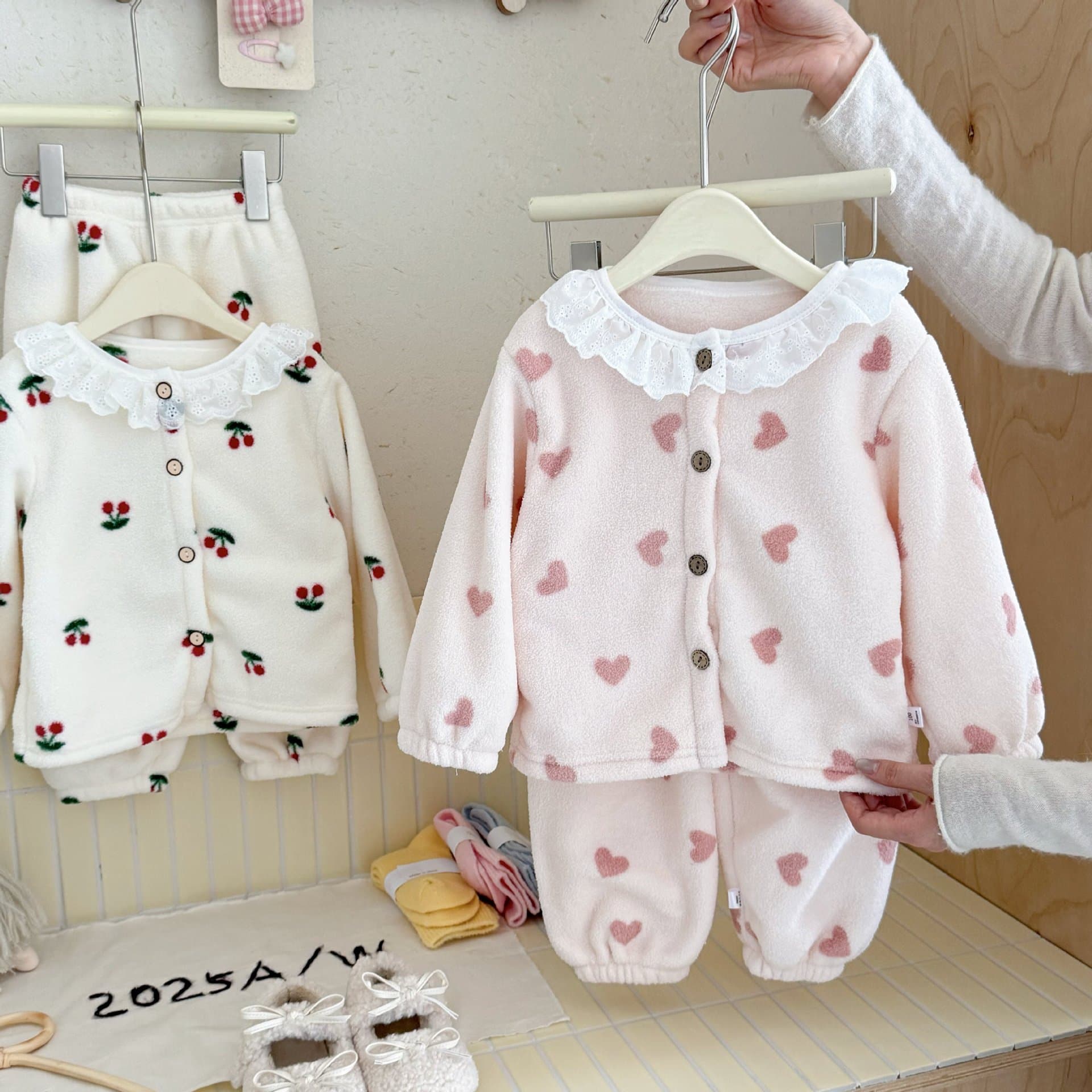 Kids Pajamas Baby Autumn Winter Thick Warm Fleece Set Boys Fleece Cardigan Girls Lace Loungewear