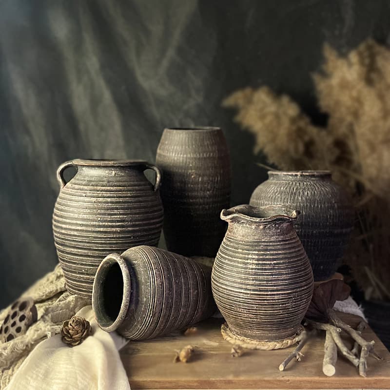 Vintage New Chinese Style Handmade Terracotta Pot, Wabi-Sabi Distressed Dry Flower Arrangement Decorative Ceramic Vase, Succulent Planter