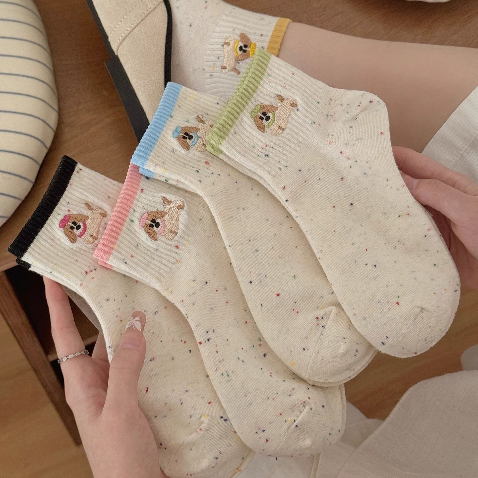 Dot Yarn Socks for Women, Short Tube Socks, Trendy Summer Thin Style, Japanese Cute Campus Cartoon Puppy Socks