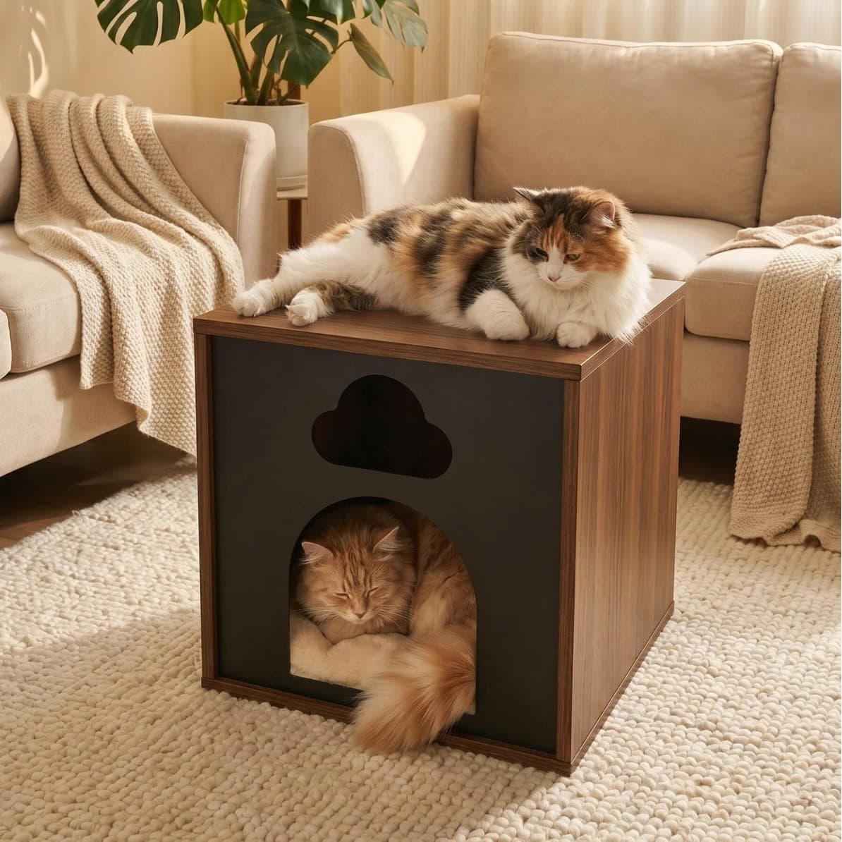 Semi-enclosed Wood Grain Pet House for Cats and Dogs, Wooden Cat House