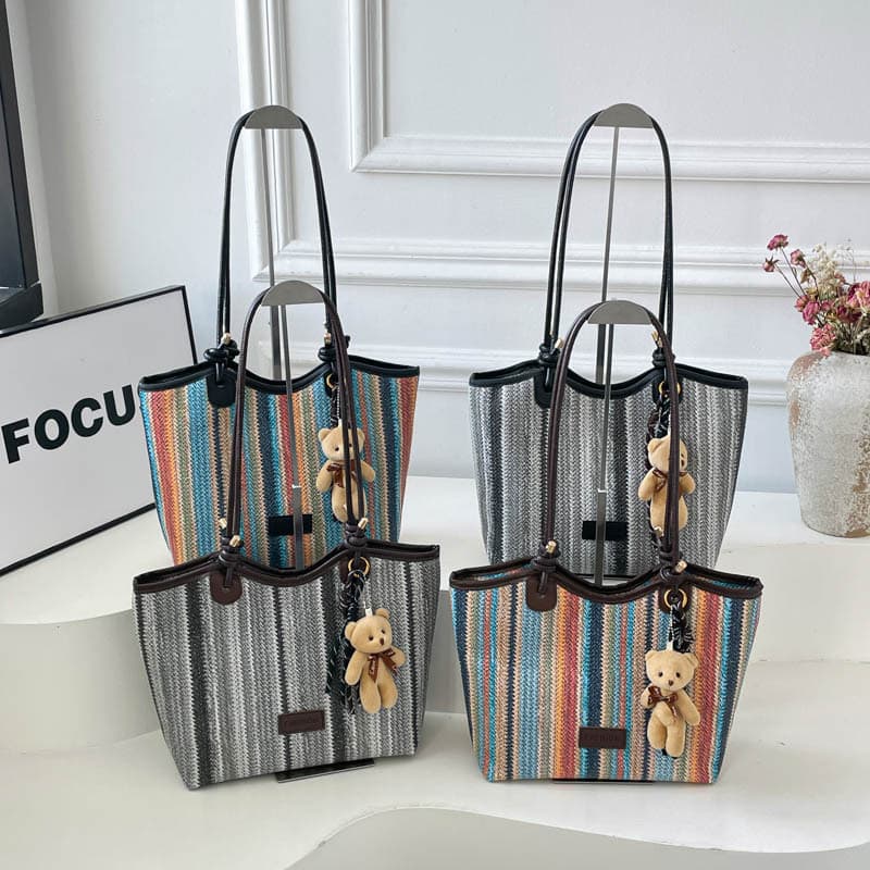 2026 Women's Large Capacity Tote Bag Rainbow Stripe Contrast Color Commuting Tote Bag Seaside Vacation Woven Bag