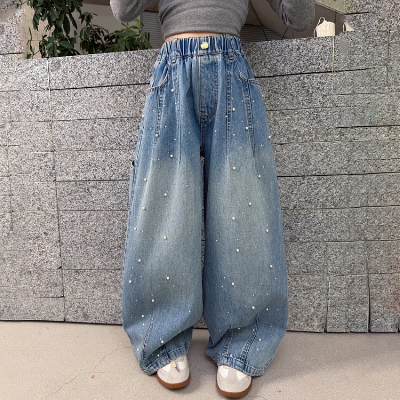 Girls' Jeans Spring/Fall 2026 New Children's Pearl Curved Knife Pants Loose Casual Long Pants for Older Kids