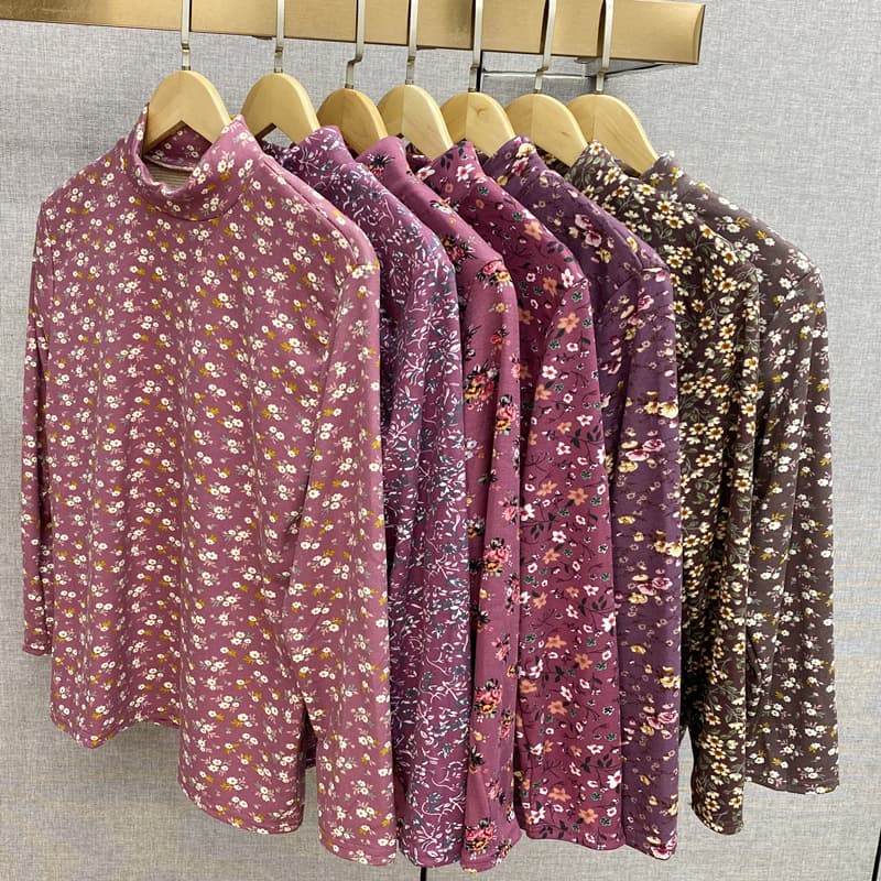 Autumn/Winter German Fleece Base Layer Mom Long Sleeve T-shirt Middle-aged Women's Clothing Half High Neck Floral Top Market Fair