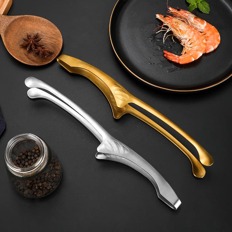 430 Stainless Steel Food Tongs, Gold-Plated Thickened Standable Food Tongs, Extended Cooking Bread Tongs, Buffet BBQ Meat Tongs
