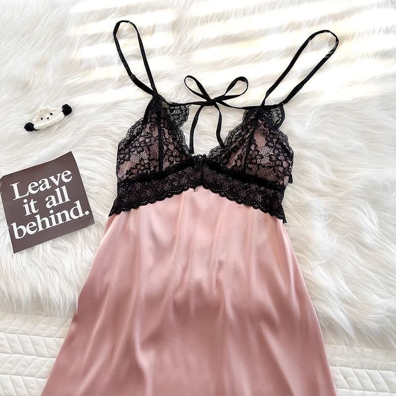 Women's Summer Ice Silk Nightgown with Built-in Pads, 2026 New Sexy Sleepwear, Lace Backless, Bean Paste Color