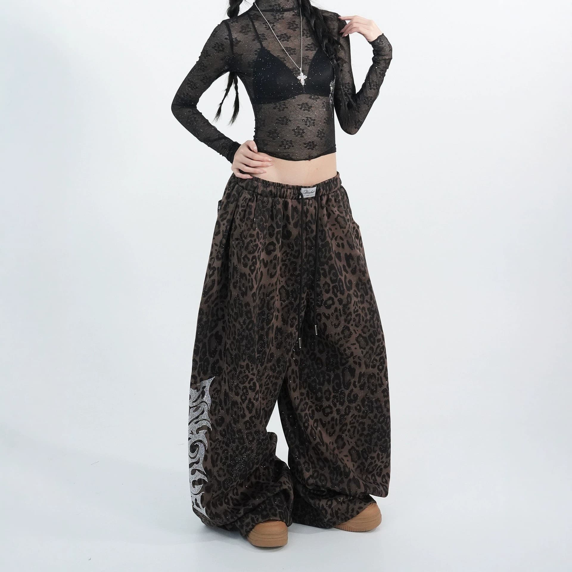 American-Style Street Dance Sweatpants with Rhinestones and Leopard Print, Unisex Jazz Dance Trendy Brand Loose Wide-Leg Casual Pants