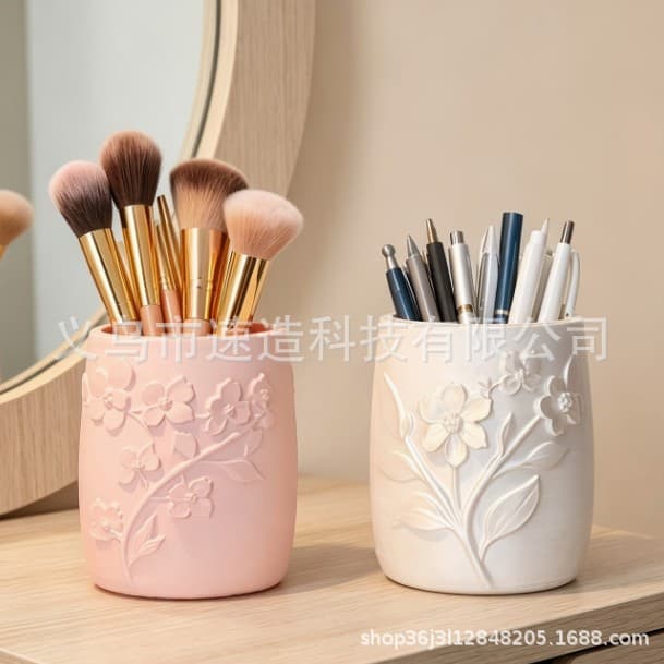 Cross-border popular 3D printed embossed flower makeup brush storage tube, simple ins style desktop beauty tool storage