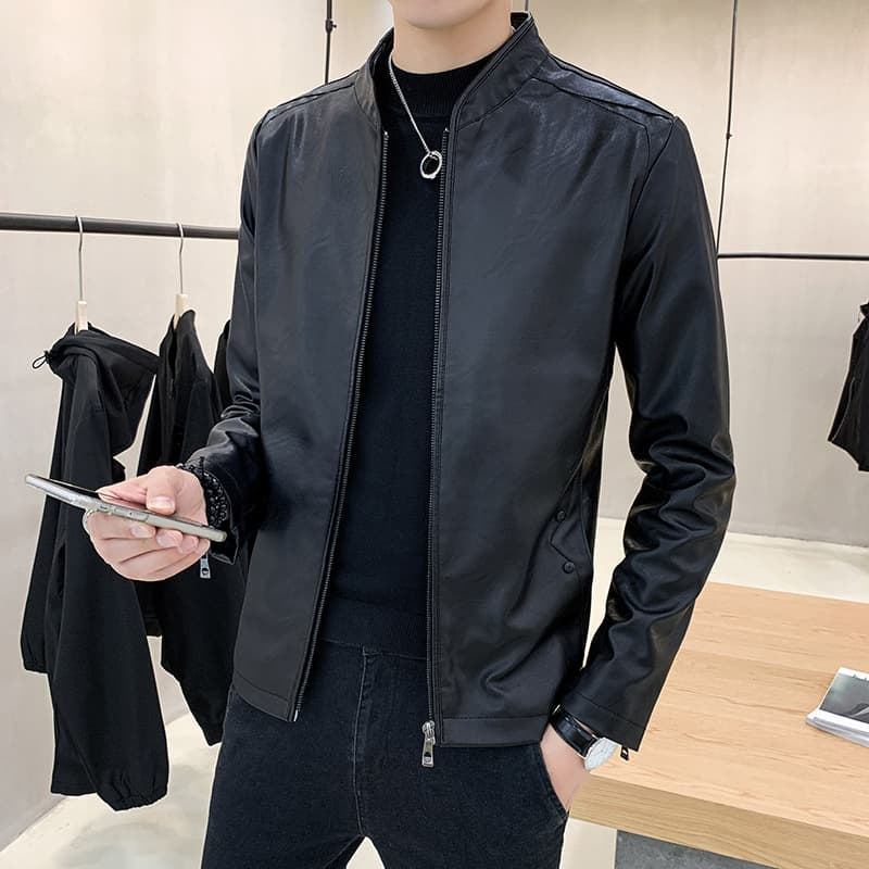 Factory direct sales of 2024 new men's leather jacket, short style, motorcycle style, casual stand-up collar, thin leather coat.