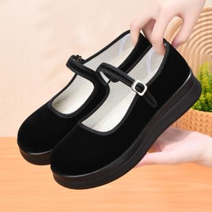Women's Height-Increasing Shoes, Old Beijing Cloth Shoes, Black Thick Sole, Mother Shoes, Soft Sole, Anti-Slip, Ultra-Light, One-Strap Work Shoes