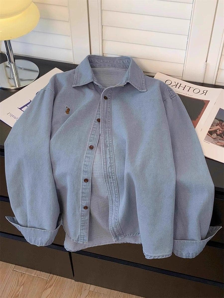 Hong Kong Retro Blue Polo Collar Denim Shirt Jacket for Women, Spring Minimalist Design Long Sleeve Blouse