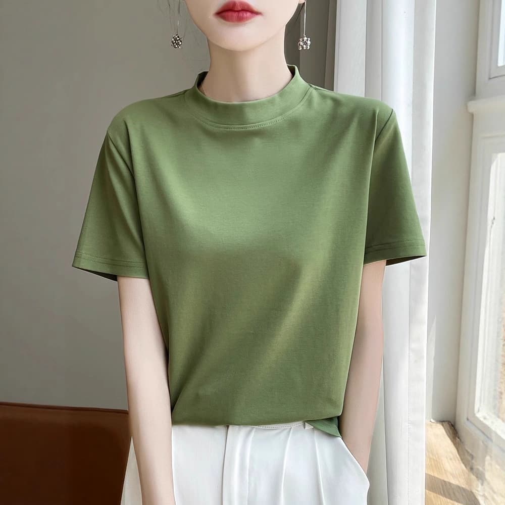 High-Quality Mercerized Cotton Short-Sleeve T-Shirt with Small Mock Neck, Women's Loose Fit, Versatile Pure Cotton Top for Summer