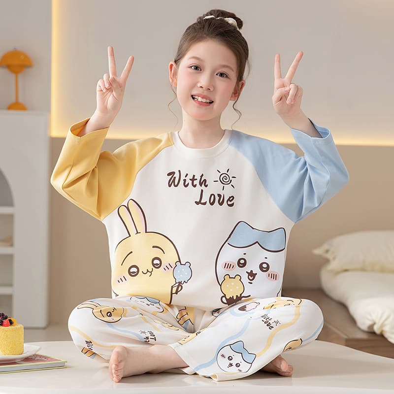 100% Cotton Children's Pajamas Long Sleeve Set for Girls, Middle and Big Kids, Summer Home Wear, Cute Cotton Set