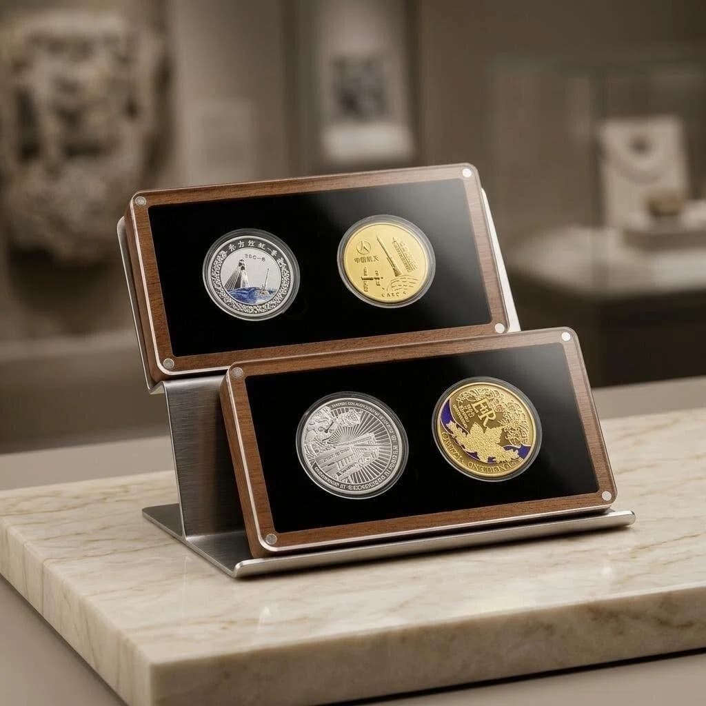 Solid Sapele Double Commemorative Coin Storage Gift Box, Gold and Silver Coin Collection Packaging, Transparent Double Coin Packaging Wood Gift Box