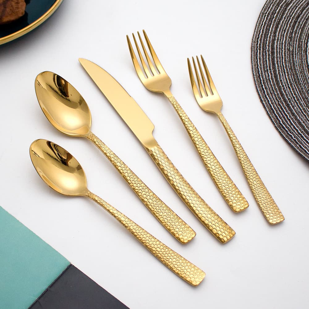 Cross-border Thickened Square-Handle Hammered Stainless Steel Cutlery Set, Knife Fork Spoon One-Piece Molded, Water Cube Hotel Western Tableware