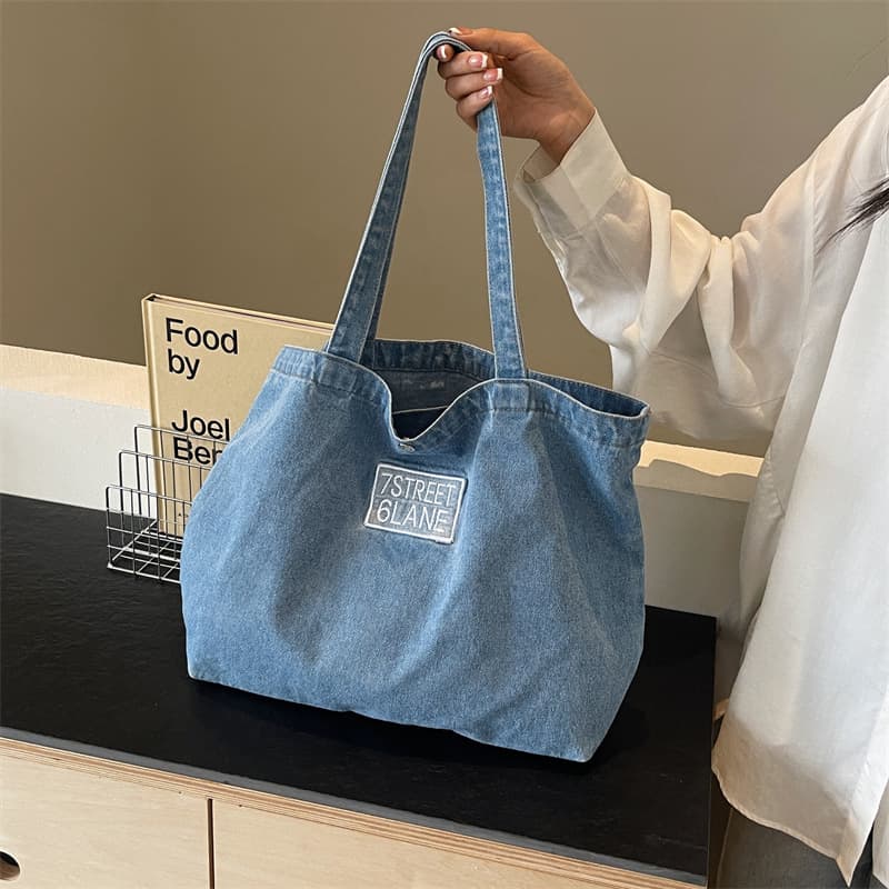 Women's Shoulder Crossbody Bag Washed Denim Fabric New Versatile College High School Class Tote Bag