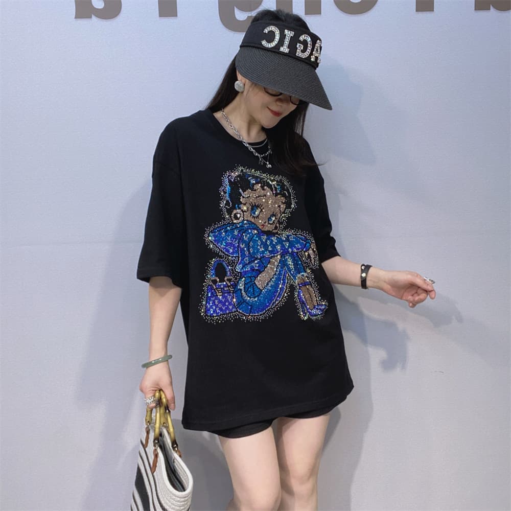 Plus Size Pure Cotton Short Sleeve T-Shirt Summer Heavy Rhinestone Black T-Shirt Women Crystal Half Sleeve Loose Casual Top