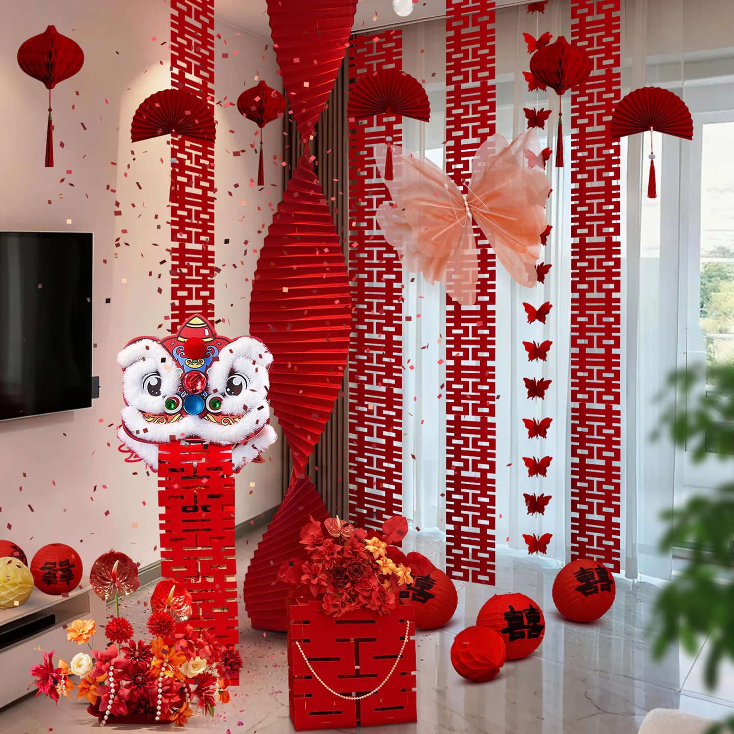 Wedding Room Decoration Set for Newlywed Home Living Room Bedroom Folding Paper Decor Lion Dance Pull Flower Photo Props