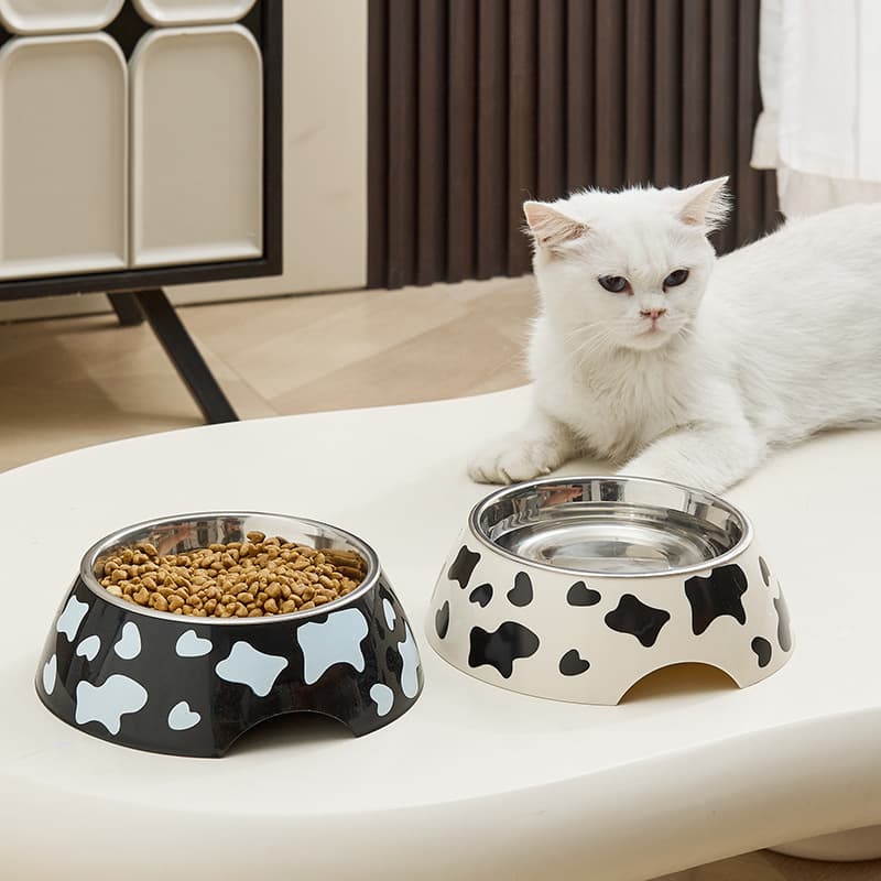 New Cow-Print Pet Cat Bowl and Dog Bowl, Stainless Steel Bowl, Anti-Spill Pet Bowl, Large Capacity Food Bowl for Cats and Dogs