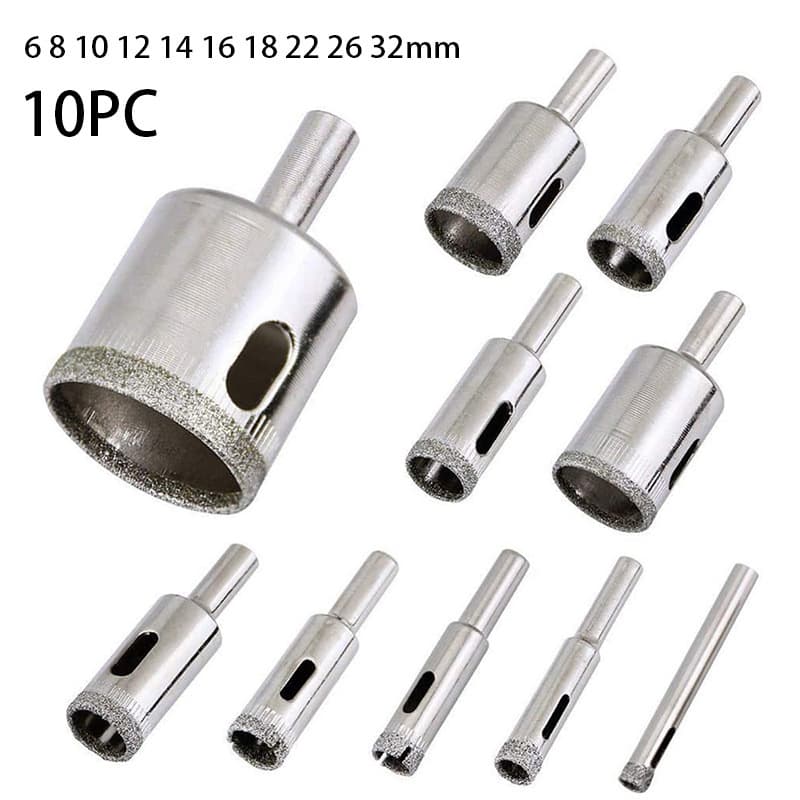 Glass Hole Saw 10-Piece Set, In Stock, Electroplated Diamond Glass Drill Bit Hole Saw