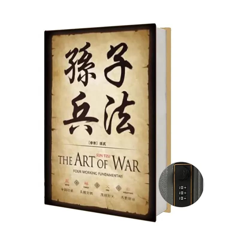 Booksafe, containing the book "The Art of War," a safe with a combination lock, a cash box, a portable security box, and a hidden compartment.
