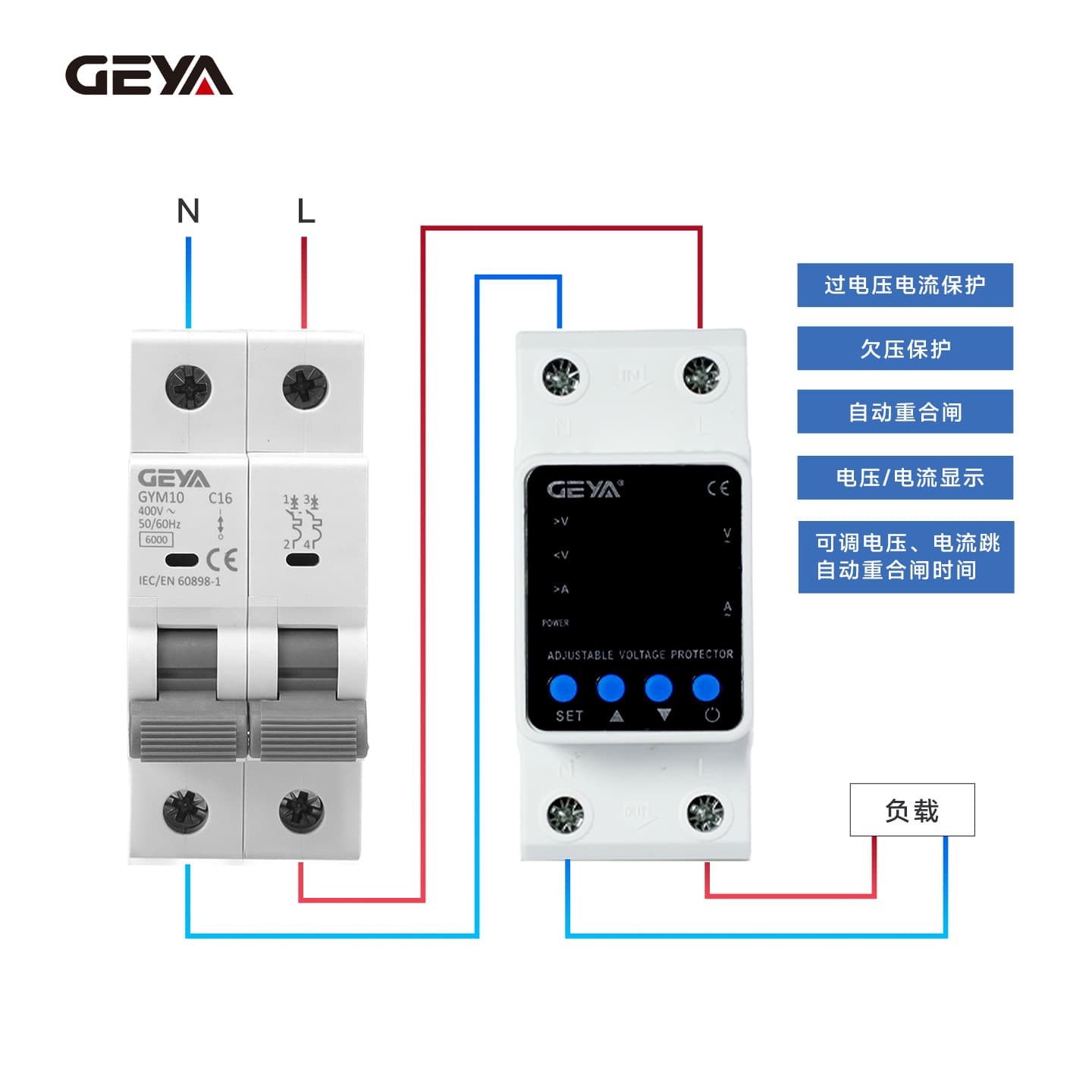 GEYA Digital Adjustable Over/Under Voltage and Overcurrent Circuit Protector with Auto Reset Circuit Monitoring