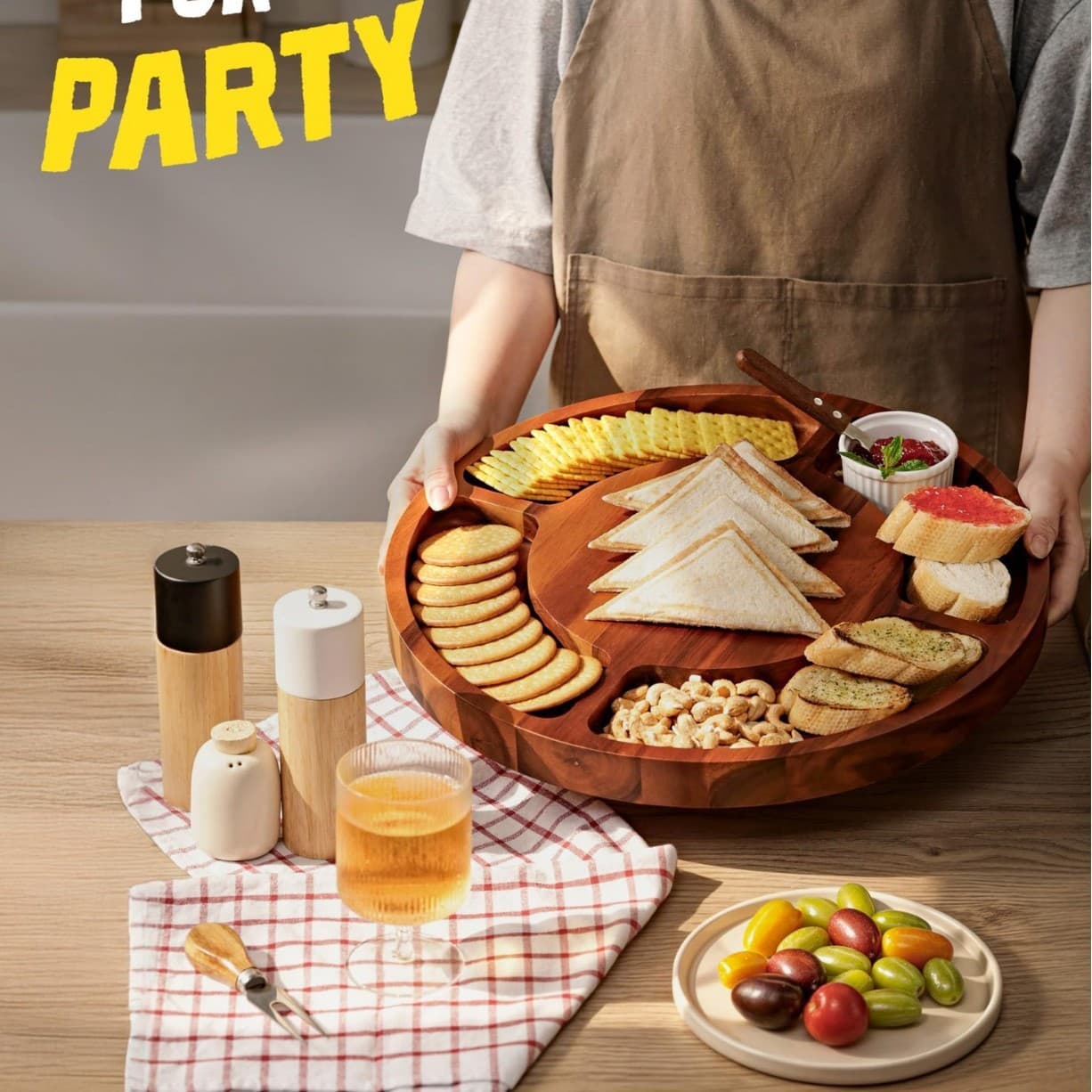 Cross-Border Wooden Round Divided Tray, Western-Style Wooden Serving Tray, Cheese Board, Sushi and Fruit Storage Tray
