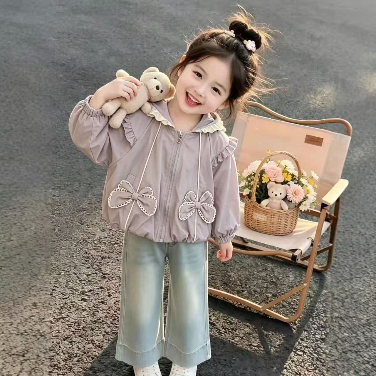 Girls 2026 Spring/Autumn Fashion Korean Bow Lace Hooded Loose Jacket Baby Stylish Casual Coat