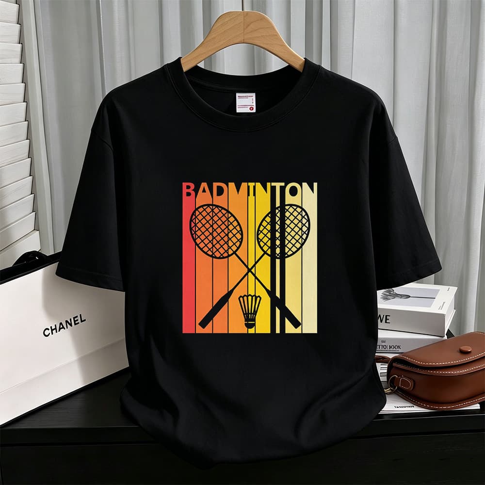 Vintage Badminton Gear Print T-Shirt 260g Pure Cotton Loose Unisex Sports Top 60624-34