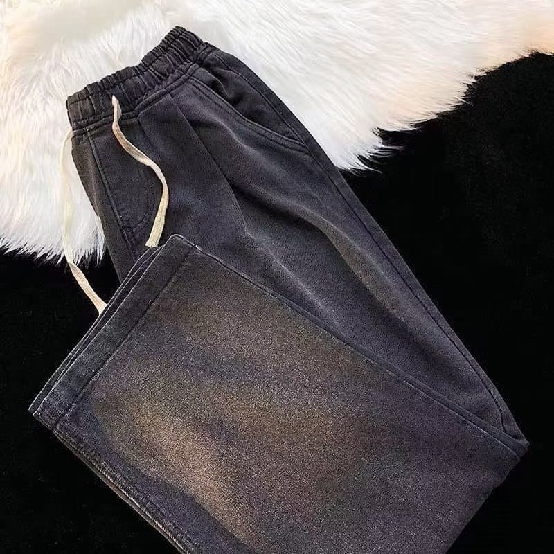 Men's Jeans Autumn Winter 2023 Elastic Waist Hong Kong Style Versatile Retro Loose Straight Wide Leg Casual Pants