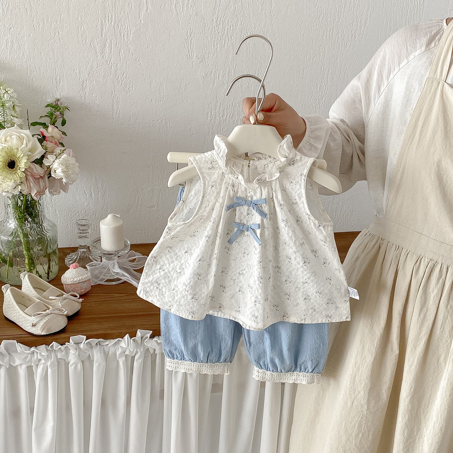 Dianxi infant Korean style floral top set baby girl summer new bow vest pants two-piece set