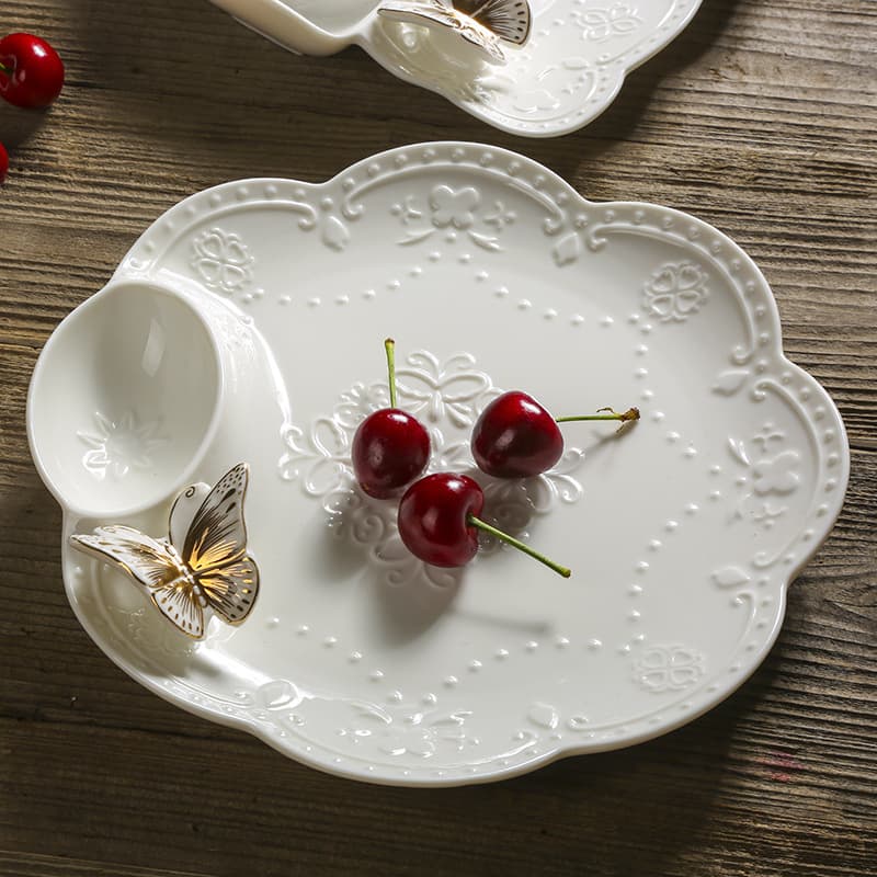 European-style embossed creative dumpling plate with vinegar dish, compartment plate, home ceramic steak plate, fruit plate