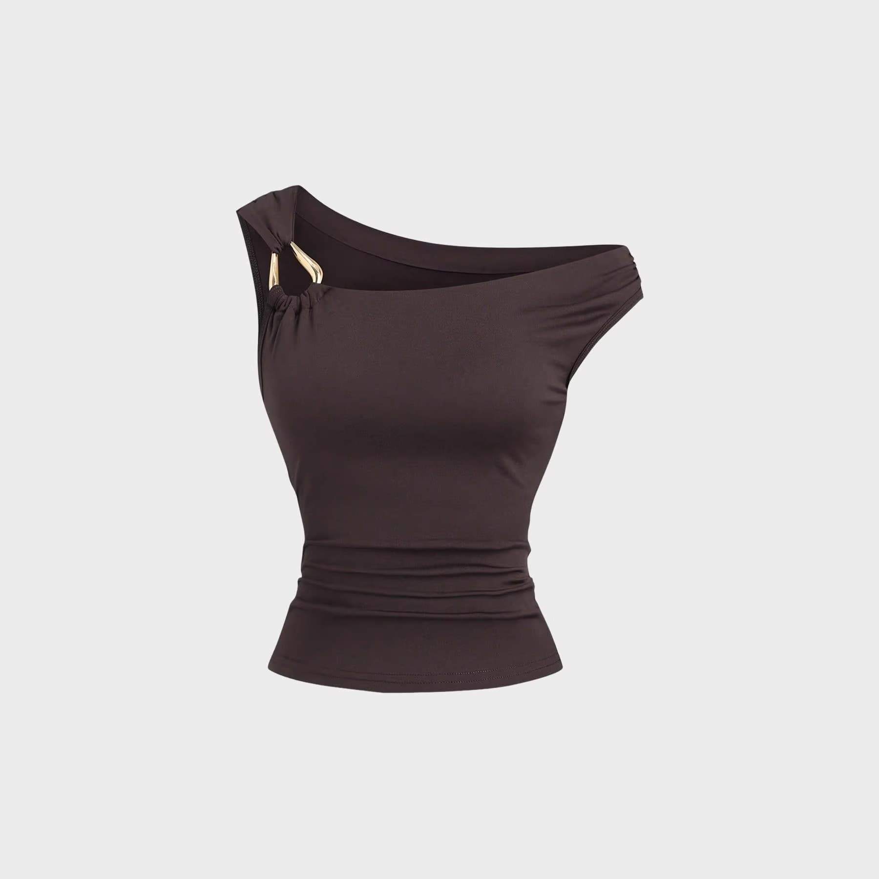 Cross-border foreign trade European and American ins style women's solid color sports single-sleeved off-shoulder asymmetric gathered tight T-shirt top