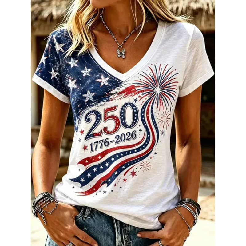 2026 Cross-border USA 250th Anniversary T-shirt Women's Summer V-Neck Short Sleeve T-Shirt 3D Print