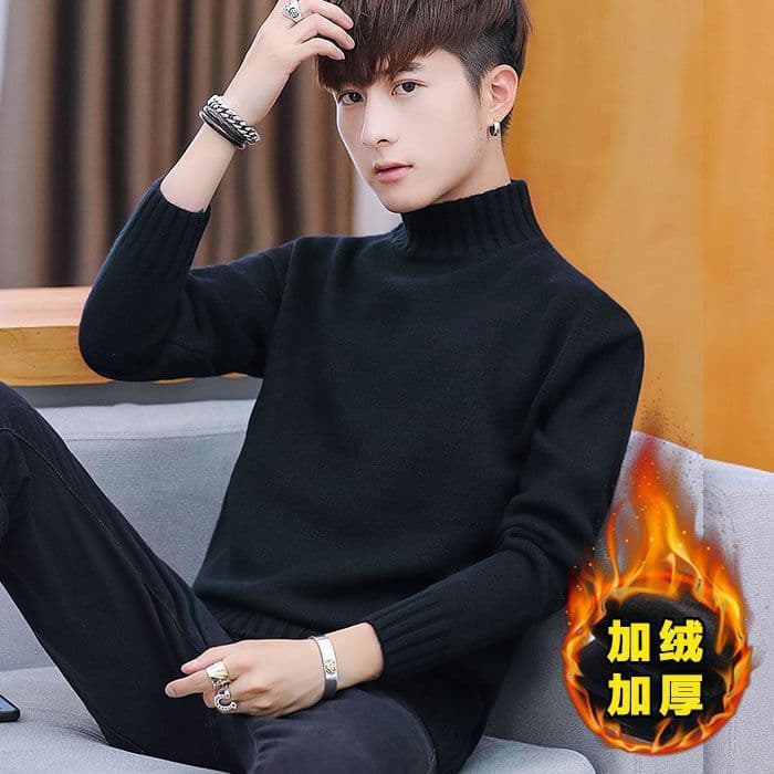 One-piece velvet half-turtleneck sweater for men, winter new Korean style casual all-match pullover solid color bottoming sweater
