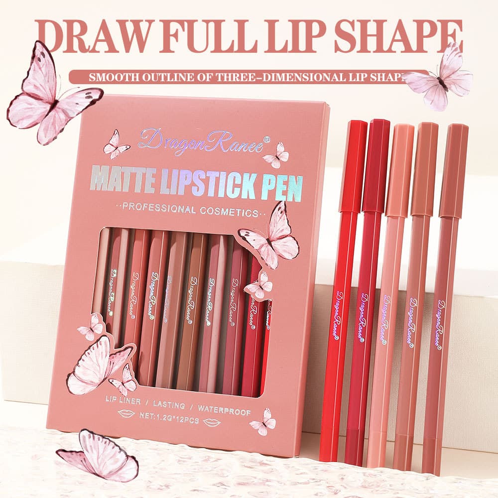 Cross-Border Lip Liner Set for Women, Matte Lip Liner, Line Pen, Foaming Pen, Hexagonal Lipstick Pen, 12-Color Set