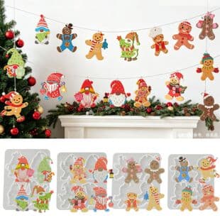 DIY Santa Claus Gingerbread Man Snowman Resin Mold, 4-Grid Christmas Holiday Hanging Sign Silicone Mold