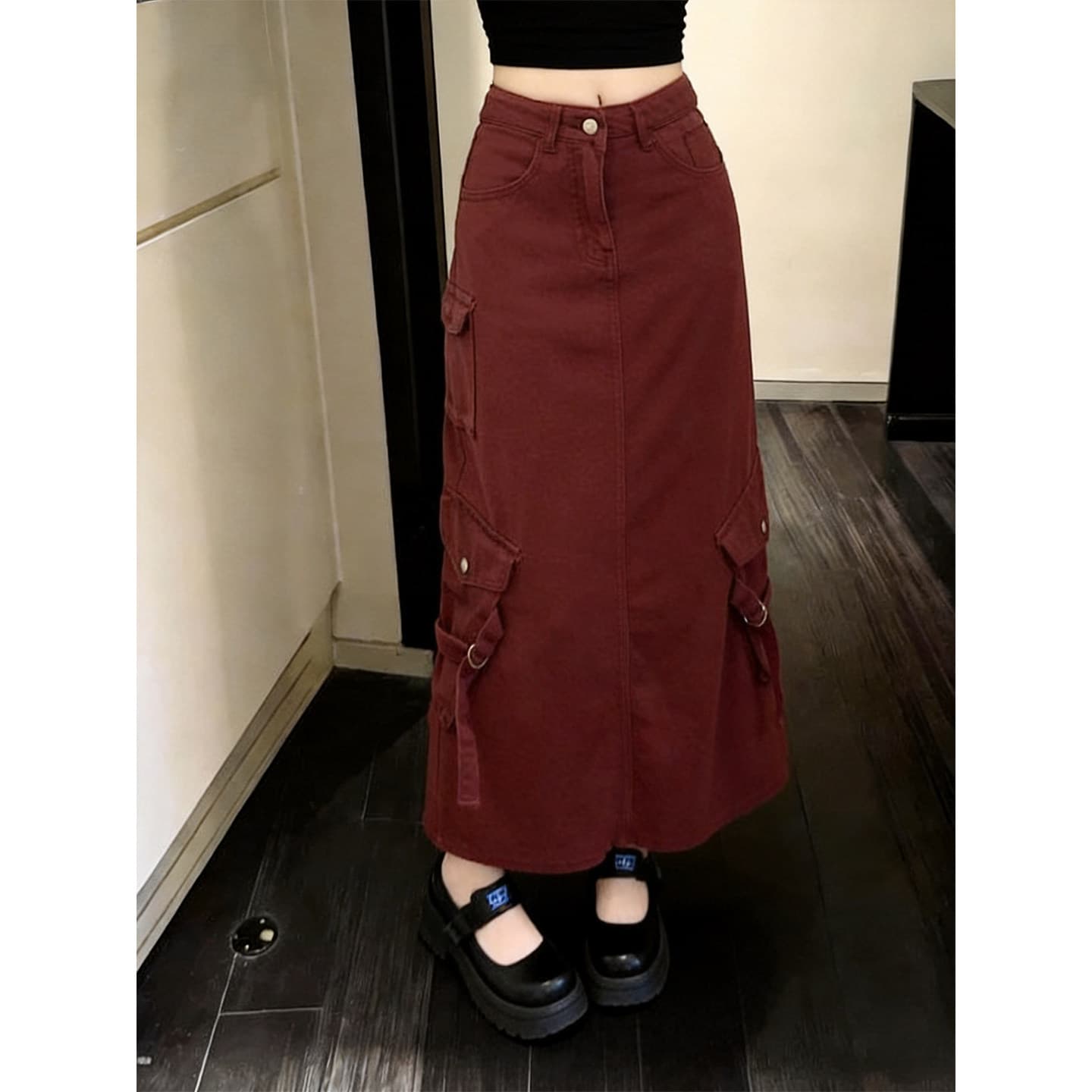 Summer New Wine Red Denim Skirt for Women High-Waisted Slimming Utility Style Y2K Sweet Cool Streetwear Long Skirt