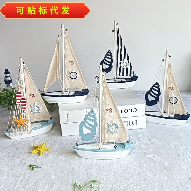 Manufacturer Promotion Mediterranean Decor Sailboat Model Ornament Smooth Sailing Creative Craft Gift Wooden Boat Fishing Boat