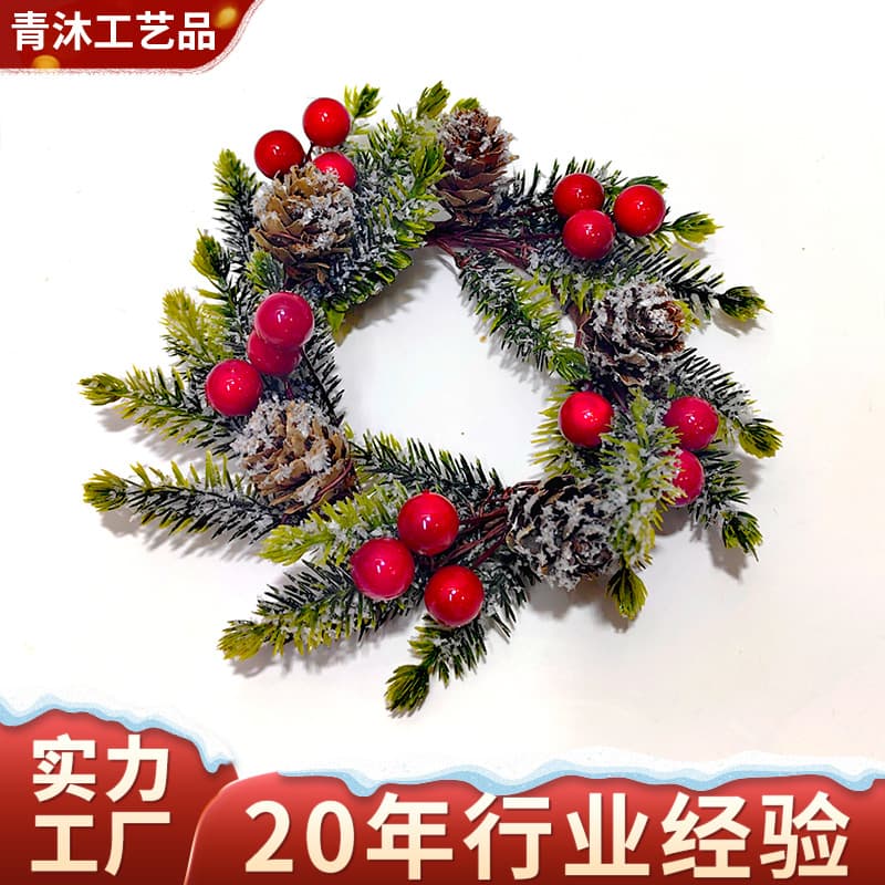 Cross-border Hot Sale Artificial Plant Christmas Wreath with Red Berries Pine Needles, Candle Holder Door Hanging Pine Cone Decor